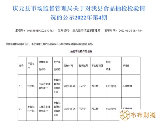 食品抽检不合格 麦趣尔发布声明